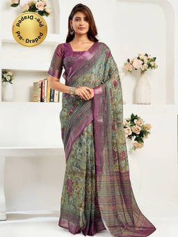 Elora - Linen Floral Printed Pre-draped Multicolor Saree with Unstitched Blouse