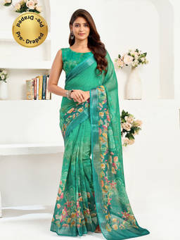 Elora - Linen Floral Printed Pre-draped Green Saree with Unstitched Blouse
