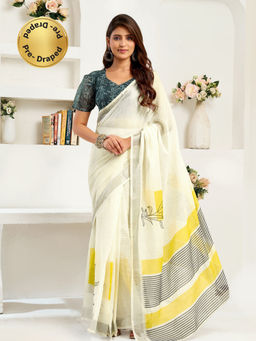 Elora - Linen Floral Stripe Printed Pre-draped Off White Saree with Unstitched Blouse