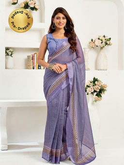 Elora - Linen Striped Printed Pre-draped Lavender Saree with Unstitched Blouse