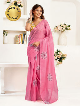 Elora - Linen Geometric Printed Pre-draped Pink Saree with Unstitched Blouse
