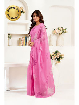 Elora - Linen Floral Printed Pre-draped Pink Saree with Unstitched Blouse
