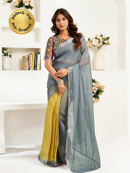Elora - Linen Striped Printed Pre-draped Grey Saree with Unstitched Blouse