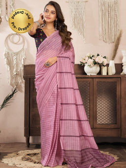 Elora - Linen Checked Printed Pre-draped Pink Saree with Unstitched Blouse