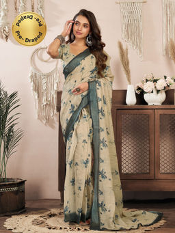 Elora - Linen Floral Printed Pre-draped Beige Saree with Unstitched Blouse