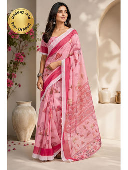Elora - Baby Pink Chanderi Cotton Floral Printed Ready To Wear Saree with Unstitched Blouse