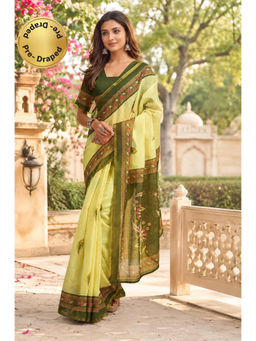 Elora - Lemon Green Chanderi Cotton Motifs Printed Ready To Wear Saree with Unstitched Blouse