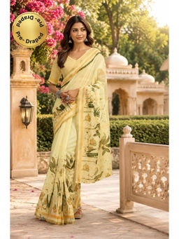 Elora - Creamy Yellow Chanderi Cotton Floral Printed Ready To Wear Saree with Unstitched Blouse