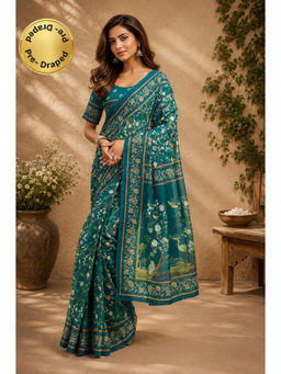Elora - Deep Teal Chanderi Cotton Floral Jaal Printed Ready To Wear Saree with Unstitched Blouse