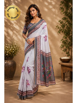 Elora - Grey Chanderi Cotton Floral Printed Ready To Wear Saree with Unstitched Blouse