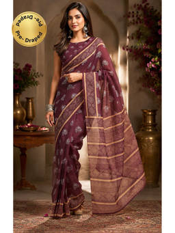 Elora - Burgundy Chanderi Cotton Woven Butti Printed Ready To Wear Saree with Unstitched Blouse