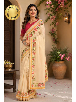 Elora - Cream Chanderi Cotton Plain Printed Ready To Wear Saree with Unstitched Blouse