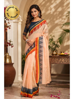 Elora - Light Peach Chanderi Cotton Plain Printed Ready To Wear Saree with Unstitched Blouse