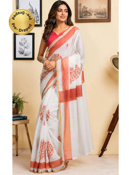 Elora - Orange Chanderi Cotton Floral Printed Ready To Wear Saree with Unstitched Blouse