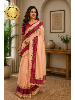 Elora - Peach Chanderi Cotton Plain Printed Ready To Wear Saree with Unstitched Blouse