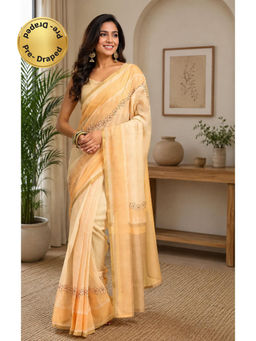 Elora - Cream Chanderi Cotton Plain Printed Ready To Wear Saree with Unstitched Blouse