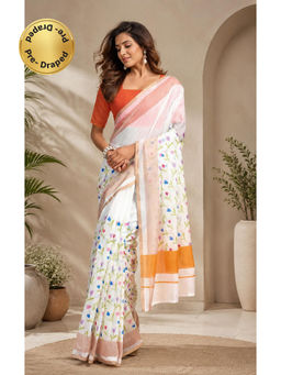 Elora - White Chanderi Cotton Floral Printed Ready To Wear Saree with Unstitched Blouse
