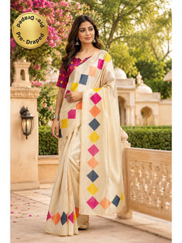Elora - Cream Chanderi Cotton Plain Printed Ready To Wear Saree with Unstitched Blouse