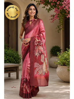 Elora - Onion Pink Chanderi Floral Ready To Wear Saree with Unstitched Blouse