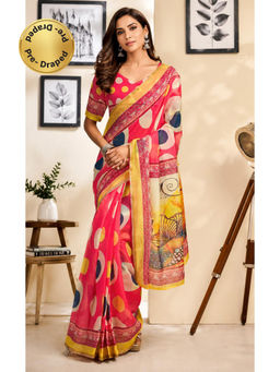 Elora - Pink Chanderi Cotton Polka Dots Printed Ready To Wear Saree with Unstitched Blouse