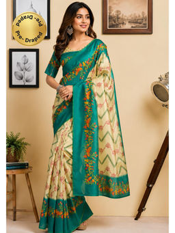 Elora - Cream and Rama Green Chanderi Ready To Wear Saree with Unstitched Blouse