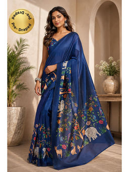 Elora - Navy Blue Chanderi Cotton Kalamkari Printed Ready To Wear Saree with Unstitched Blouse