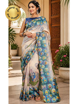 Elora - Cream Chanderi Peacock Feather Printed Ready To Wear Saree with Unstitched Blouse