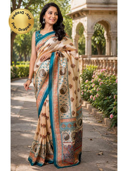Elora - Beige Chanderi Geometric Printed Ready To Wear Saree with Unstitched Blouse