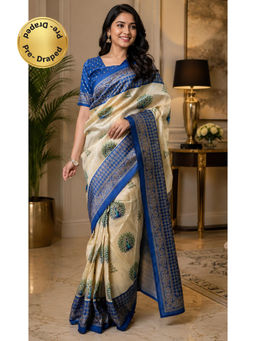 Elora - Cream Chanderi Cotton Peacock Motifs Printed Ready To Wear Saree with Unstitched Blouse