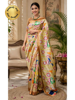Elora - Beige Chanderi Cotton Kalamkari Printed Ready To Wear Saree with Unstitched Blouse