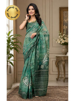 Elora - Forest Green Chanderi Batik Style Printed Ready To Wear Saree with Unstitched Blouse
