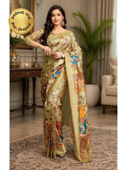 Elora - Green Chanderi Cotton Kalamkari Printed Ready To Wear Saree with Unstitched Blouse