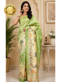 Elora - Light Green Chanderi Tribal Folk Art Printed Ready To Wear Saree with Unstitched Blouse