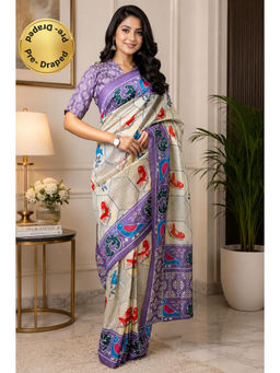 Elora - Cream and Lavender Chanderi Bird Ready To Wear Saree with Unstitched Blouse