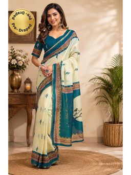 Elora - Cream Chanderi Cotton Ajrakh Printed Ready To Wear Saree with Unstitched Blouse
