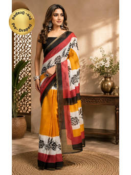 Elora - Multicolor Chanderi Floral Roses Printed Ready To Wear Saree with Unstitched Blouse