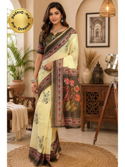 Elora - Yellow Chanderi Black Floral Printed Ready To Wear Saree with Unstitched Blouse