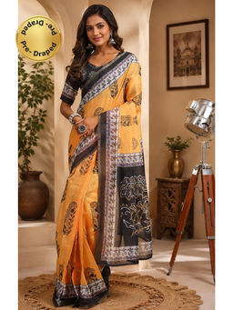 Elora - Mustard Chanderi Cotton Bagru Print Printed Ready To Wear Saree with Unstitched Blouse