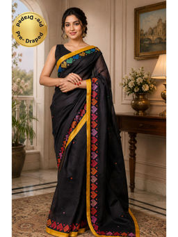 Elora - Black Chanderi Printed Ready To Wear Pre-Draped Saree With Unstitched Blouse