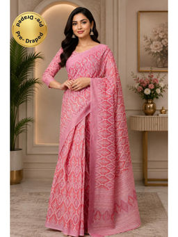 Elora - Pink Chanderi Printed Ready To Wear Pre-Draped Saree With Unstitched Blouse