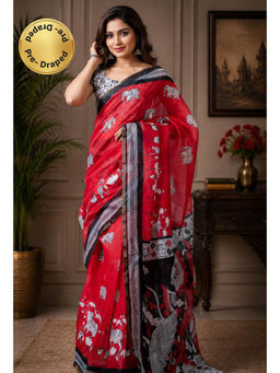 Elora - Red Chanderi Printed Ready To Wear Pre-Draped Saree With Unstitched Blouse