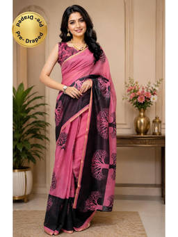 Elora - Pink Chanderi Printed Ready To Wear Pre-Draped Saree With Unstitched Blouse