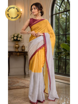 Elora - Mustard Chanderi Colorblock Ready To Wear Pre-Draped Saree With Unstitched Blouse