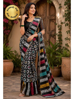 Elora - Black Chanderi Printed Ready To Wear Pre-Draped Saree With Unstitched Blouse