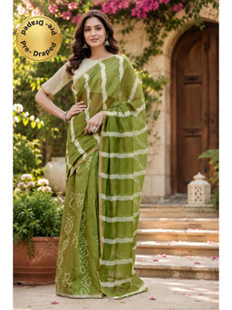 Elora - Green Chanderi Printed Ready To Wear Pre-Draped Saree With Unstitched Blouse