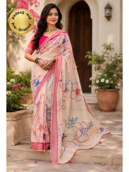 Elora - Pink Chanderi Printed Ready To Wear Pre-Draped Saree With Unstitched Blouse