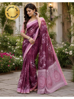 Elora - Purple Chanderi Printed Ready To Wear Pre-Draped Saree With Unstitched Blouse