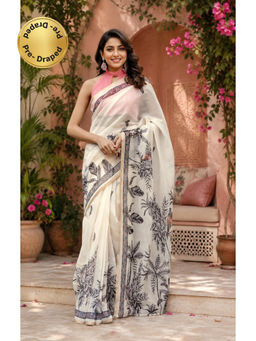 Elora - Off White Chanderi Printed Ready To Wear Pre-Draped Saree With Unstitched Blouse