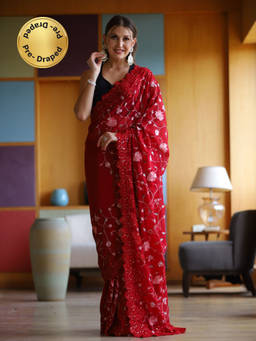 EXCLUSIVA - Red Embroidery Cut Work Saree with Unstitched Blouse