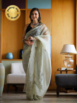 EXCLUSIVA - Green Hand and Cut Work Saree with Unstitched Blouse